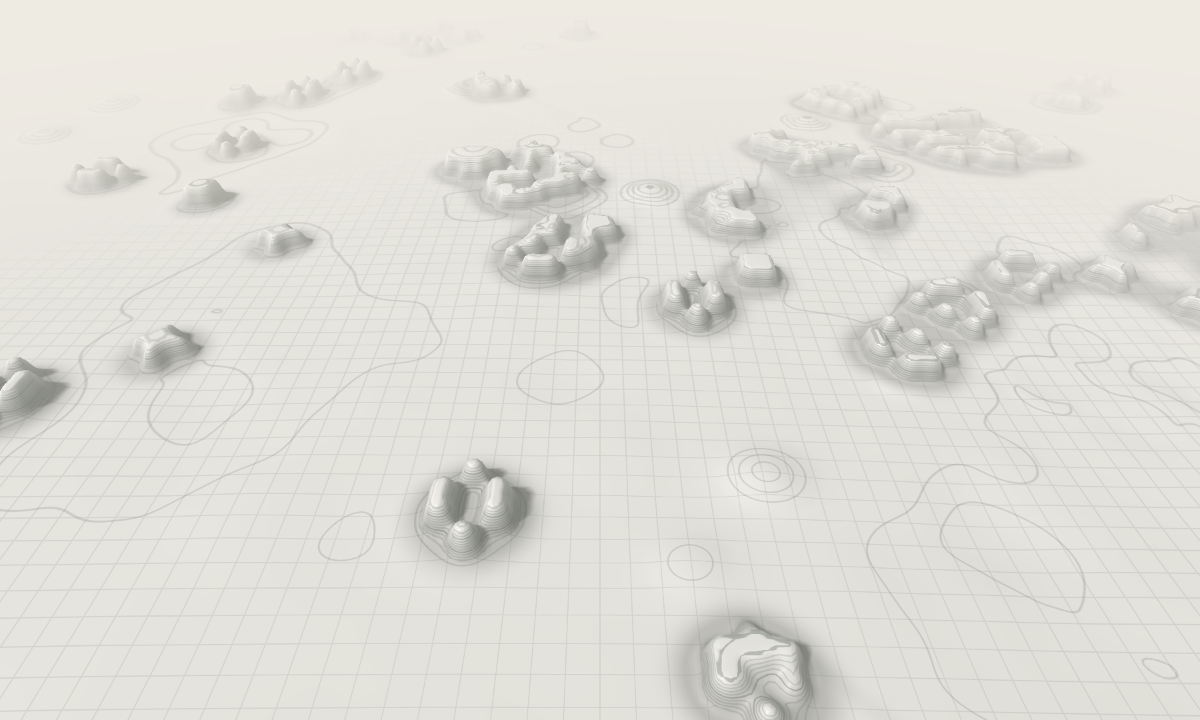 Game of Life colonies rising from a gridded plain, with contour lines mapping where life once was